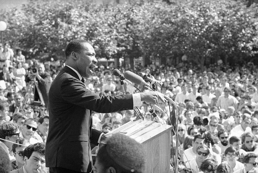 In this May 17, 1967, file photo, Dr. Martin Luther King speaks at the University of California administration building in Berkeley, Calif. (AP Photo, File)