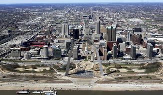 This March 17, 2016, aerial photo shows progress on the renovations of the Arch grounds continues in St. Louis. After long decline, St. Louis is trying to rebuild it&#39;s image with business start-ups and investing in major downtown projects. The city&#39;s image has taken a hit in recent years due to factors such as racial protests, the loss of the NFL&#39;s Rams and the departure of several Fortune 500 companies. (David Carson/St. Louis Post-Dispatch via AP)