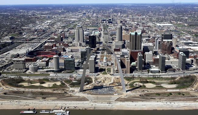 This March 17, 2016, aerial photo shows progress on the renovations of the Arch grounds continues in St. Louis. After long decline, St. Louis is trying to rebuild it&#x27;s image with business start-ups and investing in major downtown projects. The city&#x27;s image has taken a hit in recent years due to factors such as racial protests, the loss of the NFL&#x27;s Rams and the departure of several Fortune 500 companies. (David Carson/St. Louis Post-Dispatch via AP)
