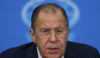 Russian Foreign Minister Sergey Lavrov speaks during his news conference in Moscow, Russia, on Tuesday, Jan. 17, 2017. Moscow hopes for better ties with the United State based on respect for mutual interests once Donald Trump takes office, in contrast with a &quot;messianic&quot; approach of the outgoing administration that has ravaged ties, Russian foreign minister said Tuesday. (AP Photo/Ivan Sekretarev)