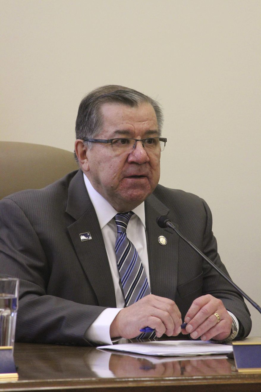 State Sen. Lyman Hoffman, D-Bethel, discusses the Senate Majority's budget priorities ahead of the start of the Alaska legislative session Tuesday, Jan. 17, 2017, in Juneau, Alaska. The state's multibillion dollar budget deficit is expected to dominate this year's session. (AP Photo/Mark Thiessen)