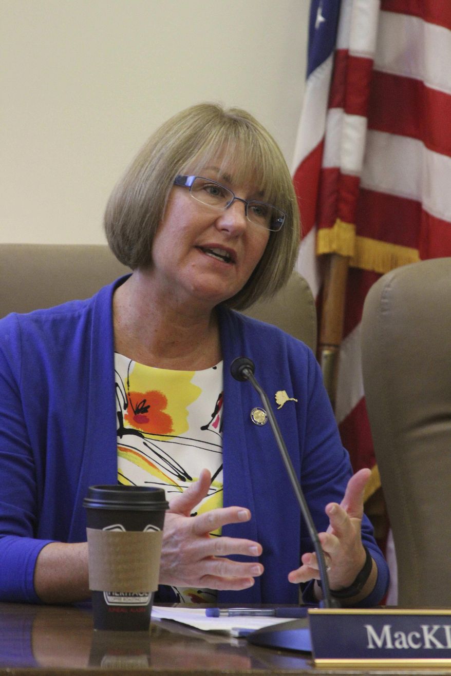 State Sen. Anna MacKinnon, R-Eagle River, discusses the Senate Majority's budget priorities ahead of the start of the Alaska legislative session Tuesday, Jan. 17, 2017, in Juneau, Alaska. The state's multibillion dollar budget deficit is expected to dominate this year's session. (AP Photo/Mark Thiessen)