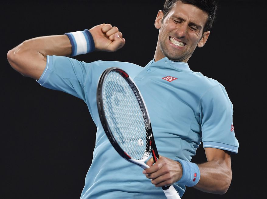 Serbia's Novak Djokovic celebrates after defeating Spain's Fernando Verdasco in their first round match at the Australian Open tennis championships in Melbourne, Australia, Tuesday, Jan. 17, 2017. (AP Photo/Andy Brownbill)