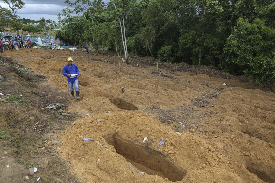 FILE - In this Jan. 4, 2017 file photo, a worker walks by graves prepared for inmates who were killed in a prison riot at the Parque Taruma cemetery, in Manaus, Brazil. Brazilian authorities are scrambling to find ways to stop a wave of prison violence that has killed at least 125 inmates in two weeks, many decapitated and with their hearts and intestines ripped out. (AP Photo/Michael Dantas, File)