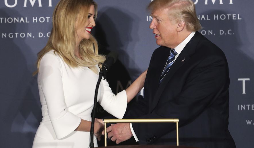 FILE - A Wednesday, Oct. 26, 2016 file photo showing US President elect Donald Trump greeting his daughter Ivanka Trump during the grand opening of Trump International Hotel in Washington. Trump wanted to praise his daughter on Twitter — instead he accidentally sent his message to another Ivanka. The message was directed to a woman named Ivanka Majic in Brighton, southern England. (AP Photo/Manuel Balce Ceneta, File)