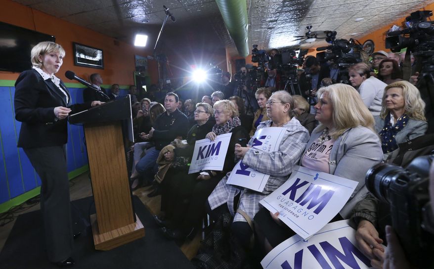 Republican New Jersey Lt. Gov. Kim Guadagno addresses a gathering of supporters as she announces her candidacy for governor, Tuesday, Jan. 17, 2017, in Keansburg, N.J. Guadagno promised to lower taxes and fund schools fairly at the event at a Keansburg Mexican restaurant whose owner said Guadagno helped him reopen after Superstorm Sandy. (AP Photo/Mel Evans)