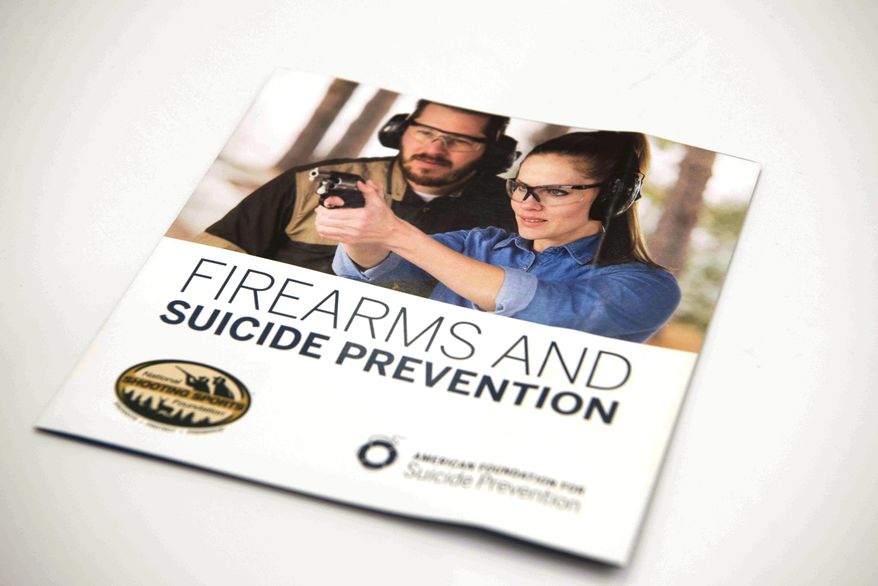 A brochure is on display that is part of an initiative involving the National Shooting Sports Foundation and the American Foundation to Prevent Suicide, Tuesday, Jan. 17, 2017, in Las Vegas. The brochures are supplied to gun dealers and gun ranges to help gun owners understand the warning signs of those at risk of suicide and to find ways to prevent suicide. It’s a difficult topic to discuss and an even tougher one to fix, fraught with politics and societal stigmas: people who kill themselves with a gun. But now two unlikely allies, the gun industry and a leading suicide prevention group, are coming together to tackle it. (AP Photo/Lisa Marie Pane)