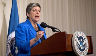 In this Tuesday, Aug. 27, 2013, file photo, Homeland Security Secretary Janet Napolitano gives her farewell address at the National Press Club in Washington. The University of California said President Napolitano is undergoing treatment for cancer and is hospitalized with complications. The Office of the President said in a statement Tuesday, Jan. 17, 2017, that Napolitano was diagnosed last August. (AP Photo/Carolyn Kaster, File)