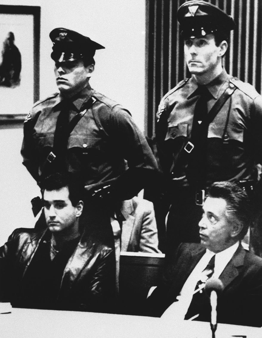 FILE - In this Nov. 3, 1986 file photo, Nicodemo Scarfo, lower right, and his nephew, Philip Leonetti, lower left, sit in court in Atlantic City, N.J., when the two were brought before a judge to hear new charges of racketeering, loansharking and gambling. Nicodemo &amp;quot;Little Nicky&amp;quot; Scarfo, whose reign over the Philadelphia Mafia in the 1980s was one of the bloodiest in its history, died Saturday, Jan. 14, 2017, at a federal medical center in North Carolina. He was 87. (AP Photo/Pool, File)