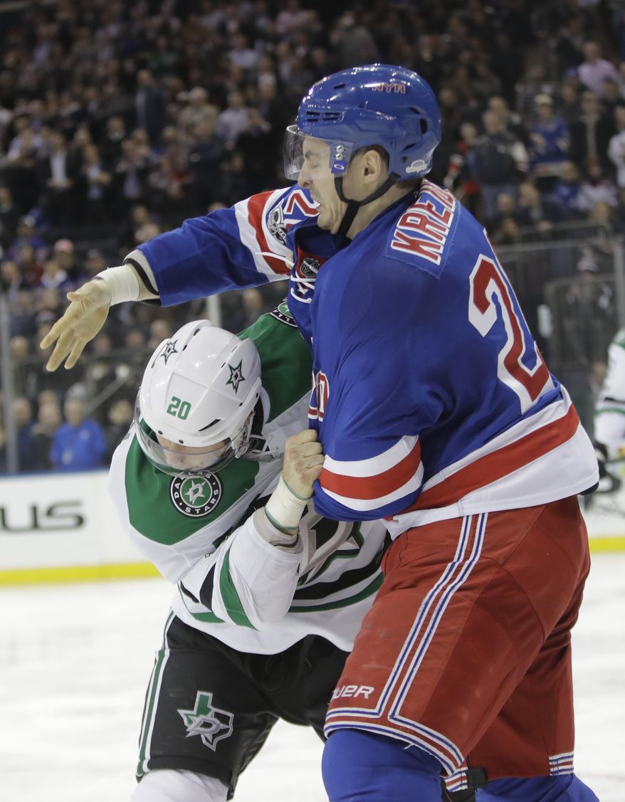 New York Rangers' Chris Kreider (20) and Dallas Stars' Cody Eakin (20) fight during the second period of an NHL hockey game Tuesday, Jan. 17, 2017, in New York. (AP Photo/Frank Franklin II)