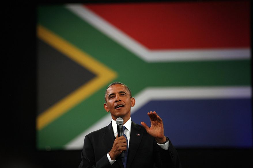 FILE - In this Saturday June 29, 2013 file photo, U.S. President Barack Obama delivers remarks and takes questions at a town hall meeting with young African leaders at the University of Johannesburg Soweto campus in South Africa. Africa was electrified by the rise of Barack Obama, the first U.S. president of African descent, who took aim at the twin scourges of corruption and dictatorship and sent thousands of troops to fight one of the most terrifying disease outbreaks in decades. (AP Photo/Jerome Delay, File)