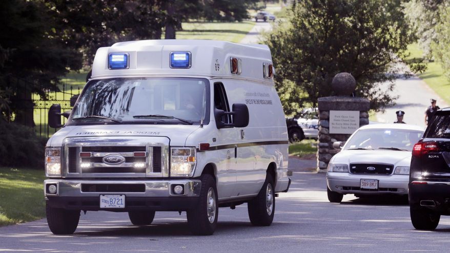 FILE - This July 12, 2013, file photo, a Commonwealth of Massachusetts medical examiner's van leaves the Puritan Lawn Memorial Park in Peabody, Mass., after exhuming Albert DeSalvo's body from a grave to confirm a forensic link to the Boston Strangler. Fifty years ago a judge sentenced DeSalvo, a factory worker who claimed he was the notorious Boston Strangler, but questions still swirl around DeSalvo's confession. (AP Photo/Charles Krupa, File)