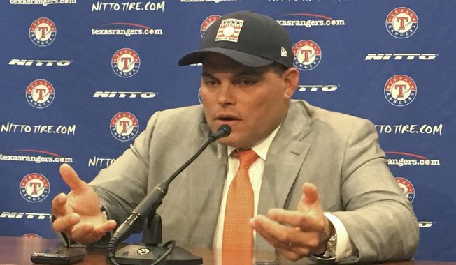 Former Texas Rangers catcher Ivan Rodriguez talks to reporters Wednesday, Jan. 18, 2017, in Arlington, Texas. Rodriguez was elected to baseball&#x27;s Hall of Fame on Wednesday. Rodriguez is just the second catcher elected on the first ballot; Johnny Bench is the other. (AP Photo/Schuyler Dixon)