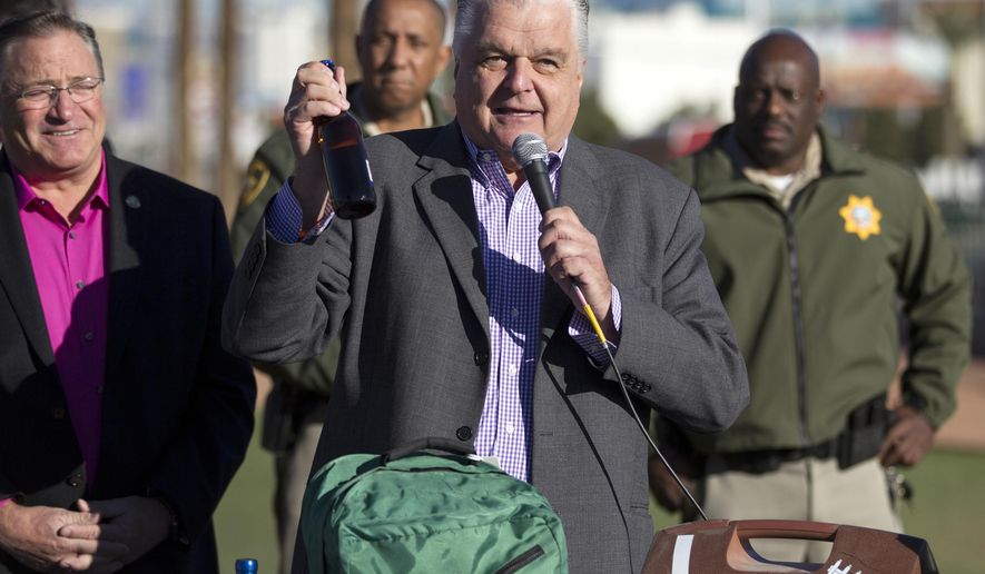 FILE - In this Dec. 29, 2016 file photo, Clark County Commission Chairman Steve Sisolak talks about the items banned on the Strip and downtown's Fremont Street Experience for New Year's Eve 2017. Sisolak is not saying whether he's running for governor, but acknowledged Wednesday, Jan. 18, 2017 that he has much more campaign money available than his possible Republican opponent. (Erik Verduzco/Las Vegas Review-Journal via AP, File)