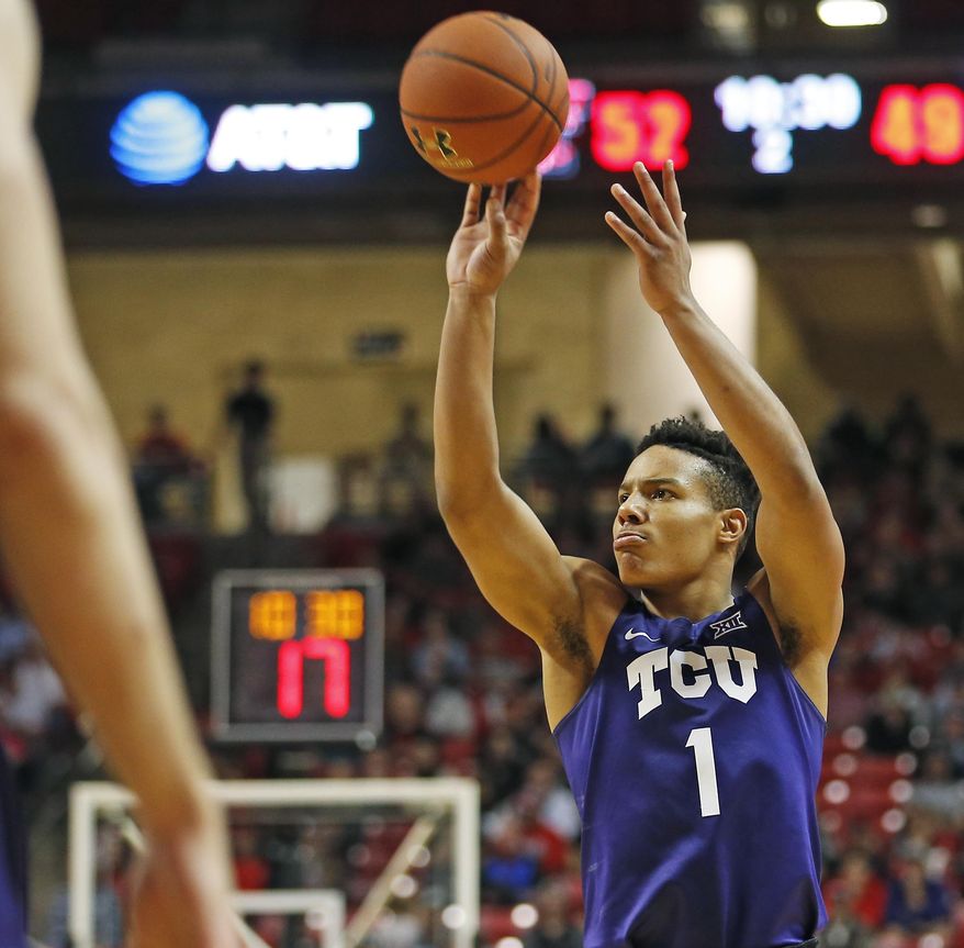 TCU's Desmond Bane (1) shoots the ball during an NCAA college basketball game against Texas Tech, Wednesday, Jan. 18, 2017, in Lubbock, Texas. (Brad Tollefson/Lubbock Avalanche-Journal via AP)