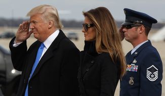 President-elect Donald Trump salutes as he and his wife Melania arrive at Andrews Air Force Base, Md., Thursday, Jan. 19, 2017, ahead of Friday&#39;s inauguration. (AP Photo/Evan Vucci)