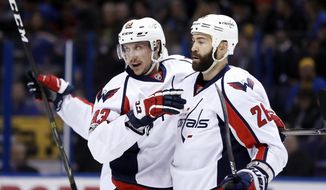 Washington Capitals&#x27; Jay Beagle, left, is congratulated by Daniel Winnik after scoring during the first period of the team&#x27;s NHL hockey game against the St. Louis Blues on Thursday, Jan. 19, 2017, in St. Louis. (AP Photo/Jeff Roberson)