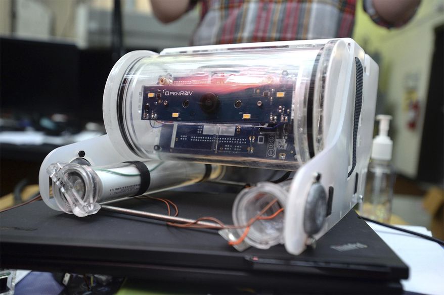 ADVANCE FOR USE MONDAY, JAN 23 - This Dec. 7, 2016 photo, shows the Lion Killer underwater drone built by students and staff of Lamar University's Electrical Engineering Department in Beaumont, Texas. Based off of a kit to build underwater drones, the lion killer is designed to help control the lionfish population in the Gulf of Mexico. (Guiseppe Barranco/The Beaumont Enterprise via AP)