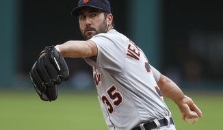 FILE - In this Sept. 17, 2016, file photo, Detroit Tigers starting pitcher Justin Verlander delivers against the Cleveland Indians during the first inning of a baseball game, in Cleveland. A couple months ago, it looked like the Tigers could be major sellers after missing the postseason the past two years. General manager Al Avila said Detroit would have an open mind about anyone on the roster and with expensive players like Verlander, Miguel Cabrera, Ian Kinsler and J.D. Martinez still capable of helping any team, the Tigers were an obvious candidate to trade stars for prospects and reduce their payroll.  (AP Photo/Ron Schwane, File)