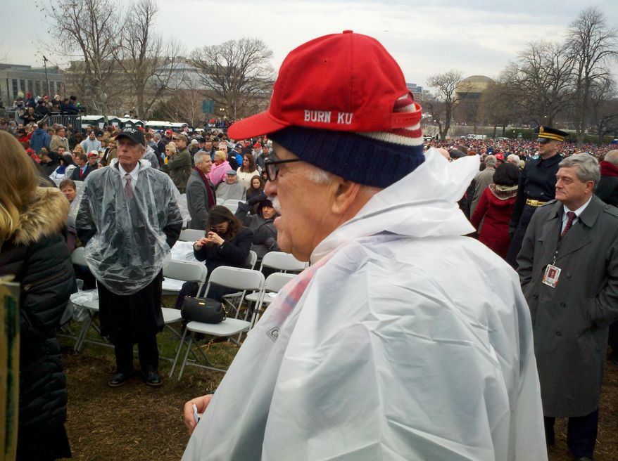 Thomas C. Mendenhall, a developer from Columbia, Mo., and one of Donald Trump's earliest supporters, is already canvassing among the faithful at Mr. Trump's inauguration for his 2020 re-election race. (David R. Sands/The Washington Times)