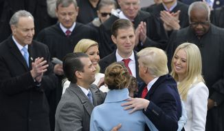 President Donald Trump hugs his family after taking the oath of office during the 58th Presidential Inauguration at the U.S. Capitol in Washington, Friday, Jan. 20, 2017. (AP Photo/Susan Walsh)