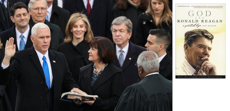 Vice President Mike Pence taking the oath of office, administered by Supreme Court Justice Clarence Thomas, using a Bible owned by Ronald Reagan and used in his inaugurations.