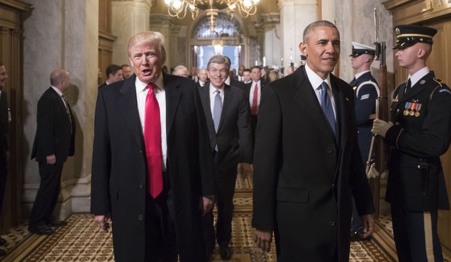President-elect Donald Trump and President Barack Obama arrive for Trump&#x27;s inauguration ceremony at the Capitol in Washington, Friday, Jan. 20, 2017. (AP Photo/J. Scott Applewhite, Pool)