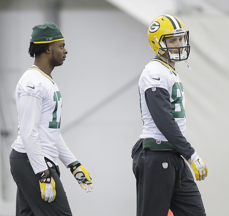 Injured Green Bay Packers wide receiver Jordy Nelson (87) and wide receiver Davante Adams (17) are seen during NFL football practice inside the Don Hutson Center Thursday, Jan. 19, 2017 in Ashwaubenon, Wis. The Green Bay Packers play the Atlanta Falcons in the NFC championship game, Sunday, Jan. 22, 2017. (Jim Matthews/The Green Bay Press-Gazette via AP)