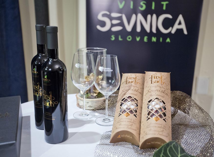 Bottles of local wine "First Lady" and a of pair of locally produced "First Lady" salami are displayed for visitors in Sevnica, Slovenia, Friday, Jan. 20, 2017. The inauguration of Donald Trump is a big thing for a small town in Slovenia where the future U.S. first lady traces her roots. Starting Friday, the industrial town of Sevnica plans three days of events to mark the inauguration and welcome all guests wishing to see where Melania Trump grew up. (AP Photo/Darko Bandic)