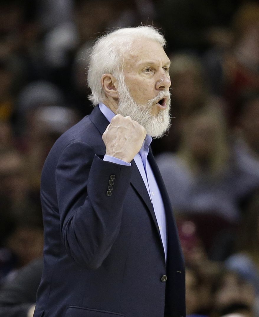 San Antonio Spurs head coach Gregg Popovich yells to players in the first half of an NBA basketball game against the Cleveland Cavaliers, Saturday, Jan. 21, 2017, in Cleveland. San Antonio's long-time coach, who has been highly critical of Donald Trump in the past, went on a lengthy rant about the newly sworn-in president on Saturday night, calling him a bully and saying he hopes he can change while in office. (AP Photo/Tony Dejak)