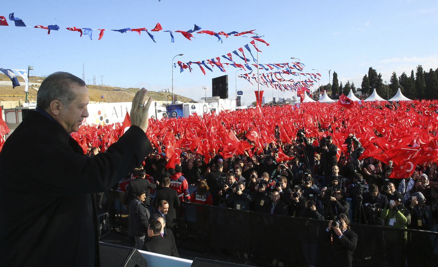 Turkey&#x27;s President Recep Tayyip Erdogan addresses his supporters in Istanbul, Saturday, Jan. 21, 2017. Erdogan started campaigning for constitutional reforms that would greatly expand the powers of his office on Saturday, hours after a vote in parliament cleared the way for a national referendum on the issue. (Kayhan Ozer/Presidential Press Service, Pool Photo via AP