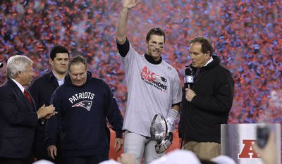 CBS announcer Jim Nantz, right, interviews New England Patriots quarterback Tom Brady, second from right holding the AFC championship trophy, beside team owner Robert Kraft, left, honorary captain Tedy Bruschi, second from left, and head coach Bill Belichick after the AFC championship NFL football game, Sunday, Jan. 22, 2017, in Foxborough, Mass. The Patriots defeated the the Pittsburgh Steelers 36-17 to advance to the Super Bowl.&amp;#160;(AP Photo/Matt Slocum)