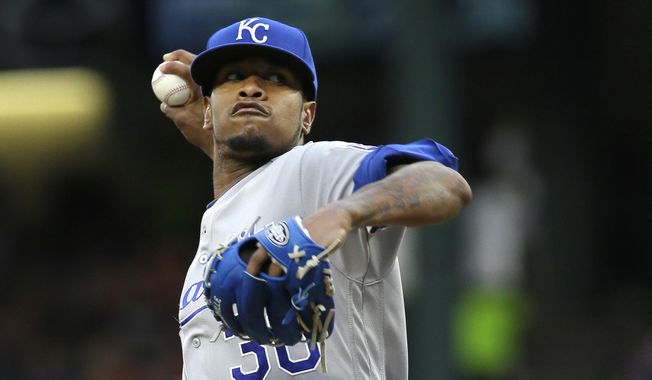 FILE - In this Thursday, July 28, 2016, file photo, Kansas City Royals starting pitcher Yordano Ventura throws during the first inning of a baseball game against the Texas Rangers in Arlington, Texas. Authorities in the Dominican Republic said Sunday, Jan. 22, 2017, that Ventura and former major leaguer Andy Marte both have died in separate traffic accidents. (AP Photo/LM Otero, File)