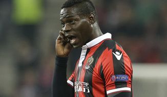 FILE- In this Thursday, Nov. 3, 2016 file photo, Nice&#x27;s forward Mario Balotelli, of Italy, reacts during the Europa League group I soccer match between OGC Nice and FC Salzburg, in Nice stadium, southeastern France. Nice striker Mario Balotelli’s teammate Alassane Pleas has confirmed he heard Bastia supporters racially abusing Balotelli with monkey chants during the league match on Friday, Jan. 20, 2017. (AP Photo/Claude Paris, File)