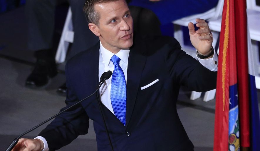 FILE - In this Jan. 9, 2017, file photo, Missouri Gov.-elect Eric Greitens speaks in Jefferson City, Mo. The newly seated Governor is pushing to toughen Missouri's already stiff penalties for attacking a police officer, reflecting similar efforts underway in other states and pleasing many in Missouri's law enforcement community, which has been on the defensive since the police killing of an unarmed black teenager in Ferguson. (AP Photo/Orlin Wagner File)