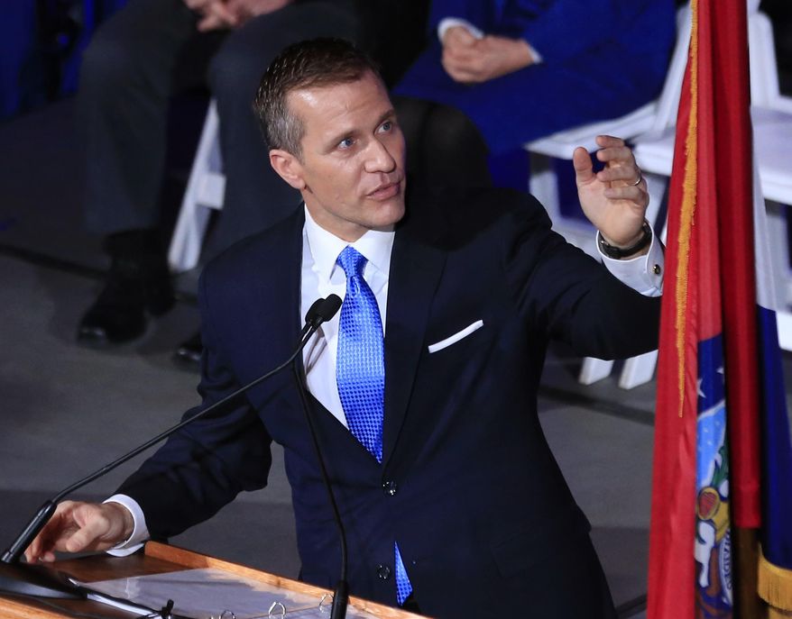 FILE - In this Jan. 9, 2017, file photo, Missouri Gov.-elect Eric Greitens speaks in Jefferson City, Mo. The newly seated Governor is pushing to toughen Missouri's already stiff penalties for attacking a police officer, reflecting similar efforts underway in other states and pleasing many in Missouri's law enforcement community, which has been on the defensive since the police killing of an unarmed black teenager in Ferguson. (AP Photo/Orlin Wagner File)