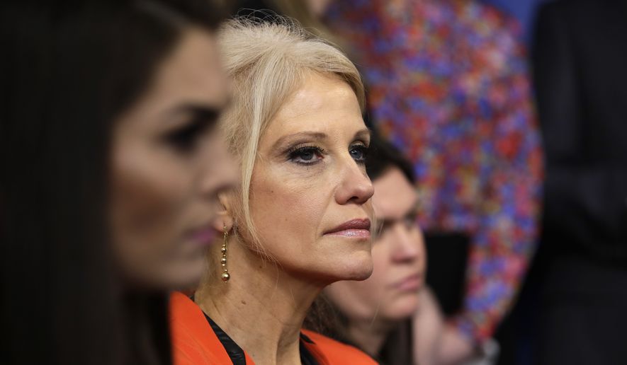 Counselor to President Kellyanne Conway listens during the daily White House briefing, Monday, Jan. 23, 2017, in the briefing room of the White House in Washington. (AP Photo/Evan Vucci)