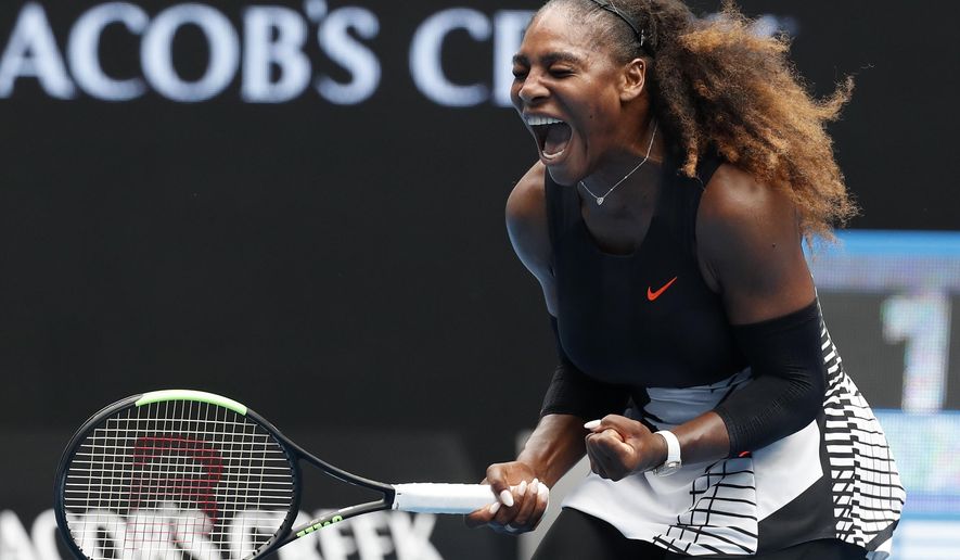 United States&#39; Serena Williams celebrates after winning the first set against Barbora Strycova of the Czech Republic during their fourth round match at the Australian Open tennis championships in Melbourne, Australia, Monday, Jan. 23, 2017. (AP Photo/Kin Cheung)