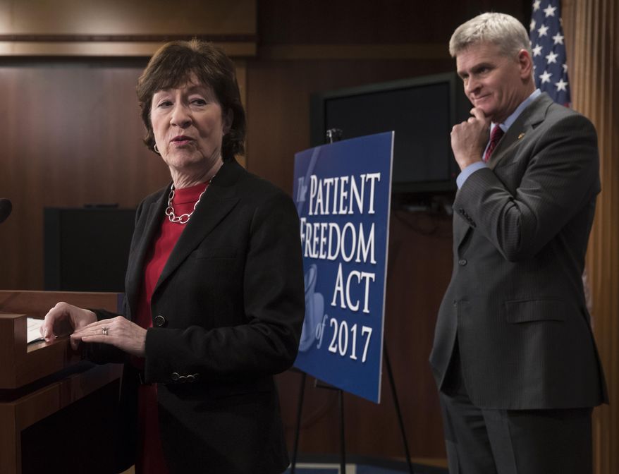 Sen. Susan Collins, R-Maine, accompanied by Sen. Bill Cassidy, R-La., speaks during a news conference on Capitol Hill in Washington, Monday, Jan. 23, 2017, to announce the Patient Freedom Act of 2017, a possible GOP replacement bill for the Affordable Care Act. President Donald Trump's congressional agenda has made a priority of repealing and replacing President Barack Obama's health care law. (AP Photo/J. Scott Applewhite)