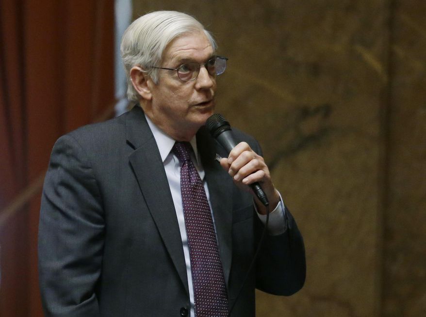 Rep. Bruce Chandler, R-granger, speaks on the House floor, Monday, Jan. 23, 2017, at the Capitol in Olympia, Wash. The House passed a bill Monday that delays a deadline for a reduction in the amount of money school districts can collect through local property tax levies, and it now heads to the Republican-controlled Senate. (AP Photo/Ted S. Warren)