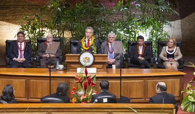 Hawaii Gov. David Ige delivers his State of State address on Monday, Jan. 23, 2017, in Honolulu. Ige talked to about the importance of education, housing and diversifying the economy in his annual address Monday. (Craig T. Kojima/The Star-Advertiser via AP)