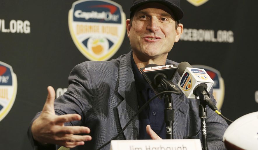 FILE - This Dec. 29, 2016 file photo shows Michigan head coach Jim Harbaugh speaking during a news conference in Fort Lauderdale, Fla. Before the NCAA’s ban of spring break sports trips goes into effect, Harbaugh is taking his team to Rome, Italy. The Wolverines will hold three spring practices at the training facility of soccer club AS Roma. Michigan did not announce on Monday, Jan. 23, 2017 the exact dates of the trip, but said in a release it would take place “after finals toward the end of winter semester in April.” (AP Photo/Marta Lavandier, file)