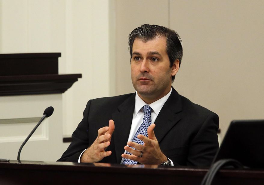 FILE - In a Nov. 29, 2016 file photo, former North Charleston police officer Michael Slager testifies during his murder trial at the Charleston County court in Charleston, S.C. A judge on Monday, Jan. 23, 2017, is asking lawyers defending Slager awaiting a retrial on a murder charge in a traffic stop shooting to talk to prosecutors about when to start his next trial. Slager’s attorneys want to delay the scheduled March 1 retrial. Media outlets report that Circuit Judge Clifton Newman will decide Tuesday whether to grant that request. Slager is charged with murder in the shooting death last year of Walter Scott. (Grace Beahm/Post and Courier via AP, Pool)