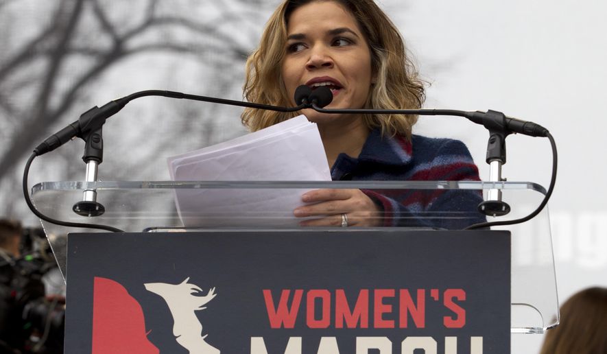 Actress America Ferrera speak to the crowd during the Women&#39;s March on Washington, Saturday, Jan. 21, 2017 in Washington. (AP Photo/Jose Luis Magana)