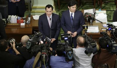 Assembly Speaker Anthony Rendon, D-Paramount, left, and Senate President Pro Tem Kevin de Leon, D-Los Angeles, meet with reporters to discuss Calif., Gov. Jerry Brown State of the State address given before joint session of the California Legislature Tuesday, Jan. 24, 2017, in Sacramento, Calif. (AP Photo/Rich Pedroncelli)