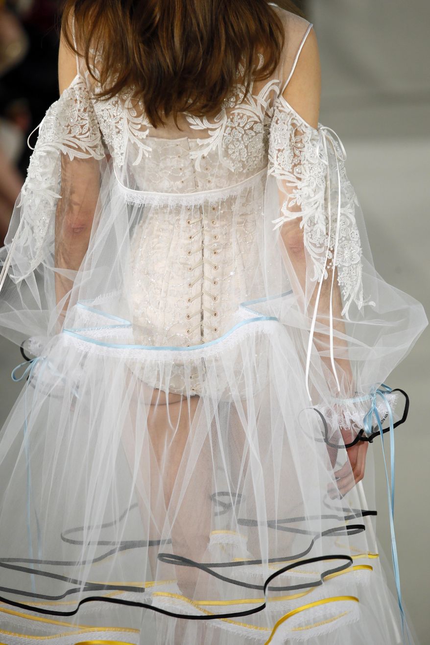 A model wears a creation by Alexis Mabille during his Haute Couture Spring-Summer 2017 fashion collection presented in Paris, Tuesday, Jan. 24, 2017. (AP Photo/Francois Mori)