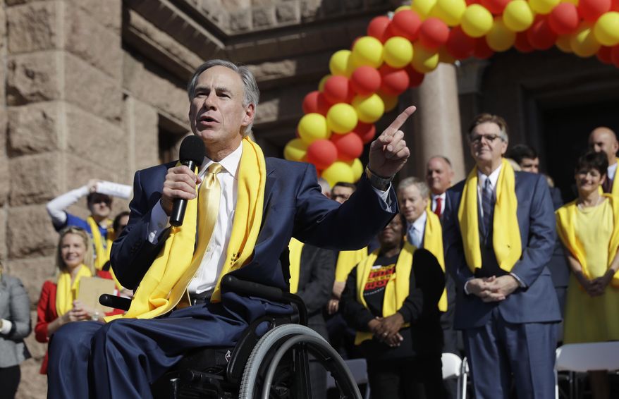 Gov. Greg Abbott speaks during a rally in support of school choice on the steps of the Texas Capitol, Tuesday, Jan. 24, 2017, in Austin, Texas. The Texas governor and the Bush family's rising political star have added muscle to a rally supporting school vouchers — but such plans still may not pass the fiercely red state's Legislature. (AP Photo/Eric Gay)
