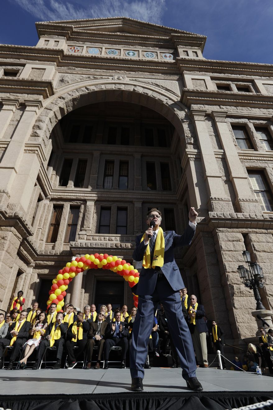 Lt. Gov. Dan Patrick speaks during a rally in support of school choice on the steps of the Texas Capitol, Tuesday, Jan. 24, 2017, in Austin, Texas. The Texas governor and the Bush family's rising political star have added muscle to a rally supporting school vouchers — but such plans still may not pass the fiercely red state's Legislature. Vouchers would give families state money to help pay for private and religious schools. (AP Photo/Eric Gay)