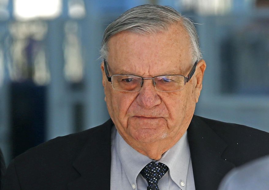 Former Maricopa County Sheriff Joe Arpaio leaves U.S. District Court after his latest hearing in the criminal contempt-of-court case against him for violating a judge's orders in a racial profiling case Wednesday, Jan. 25, 2017, in Phoenix. (AP Photo/Ross D. Franklin)