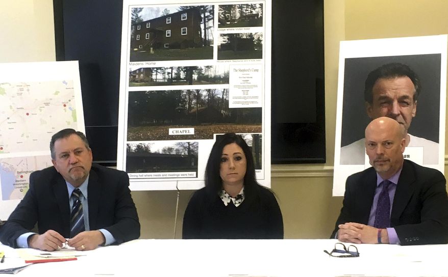 Attorneys Leander James, left, and Patrick Noaker, right, flanking client Lindsay Tornambe, center, at a news conference on Wednesday, Jan. 25, 2017, in Spokane, Wash. The attorneys and their client contend that members of a Minnesota religious sect have moved to Washington state and may be abusing children. (AP Photo/Nicholas K. Geranios)